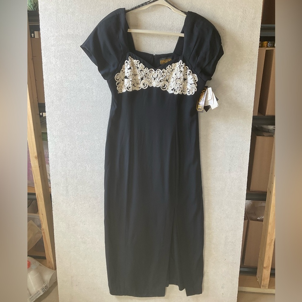 Virgo II Elegant Black Dress with White Embroidery. NWT
